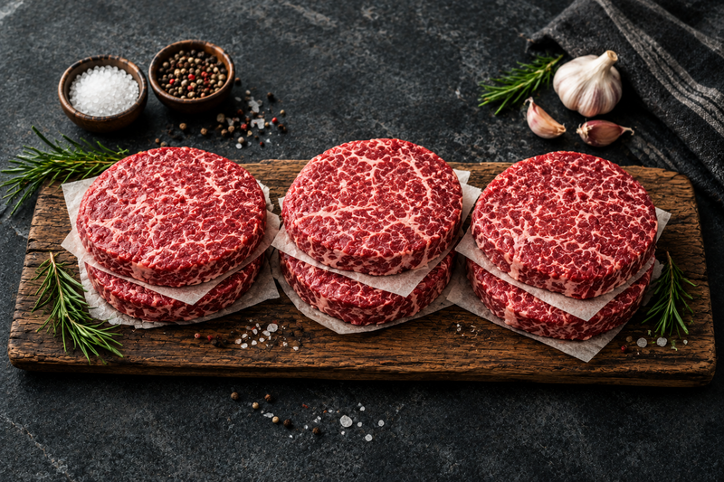 Six raw ground meat patties arranged in two rows of three on a light gray background.